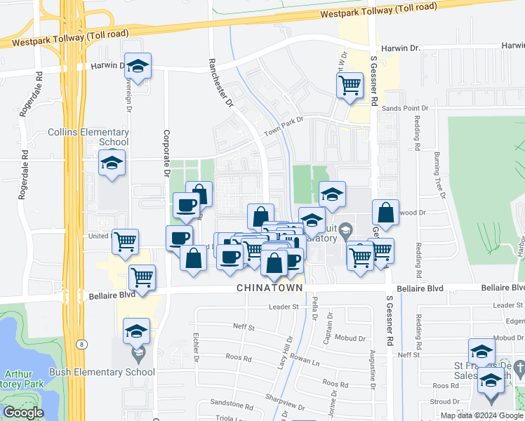 map of restaurants, bars, coffee shops, grocery stores, and more near 104 Ranchester Drive in Houston