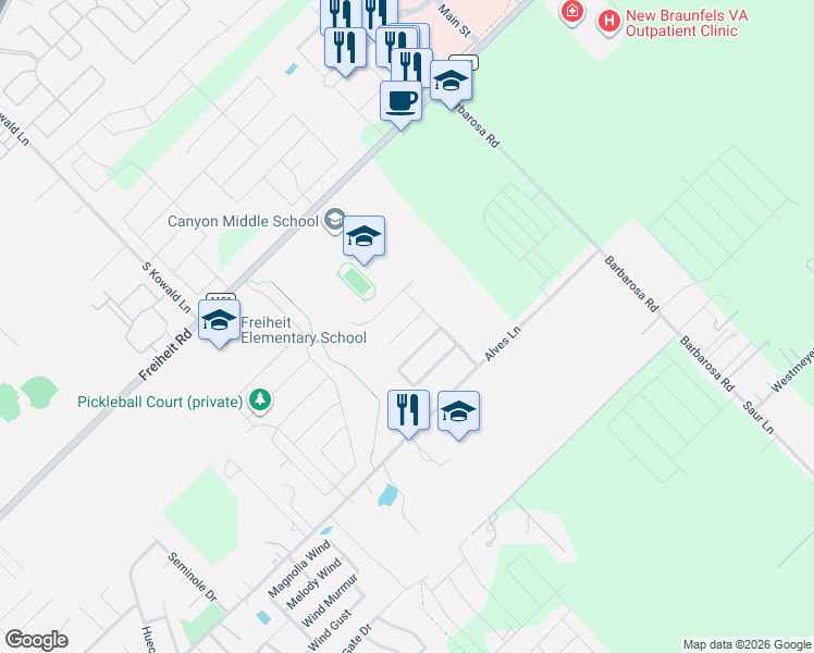 map of restaurants, bars, coffee shops, grocery stores, and more near 534 Creekside Forest in New Braunfels