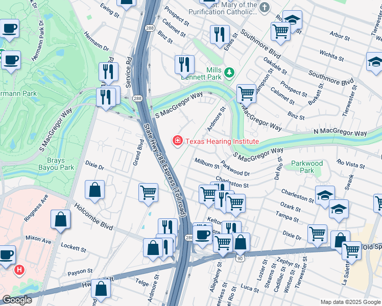 map of restaurants, bars, coffee shops, grocery stores, and more near 5906 Ardmore Street in Houston
