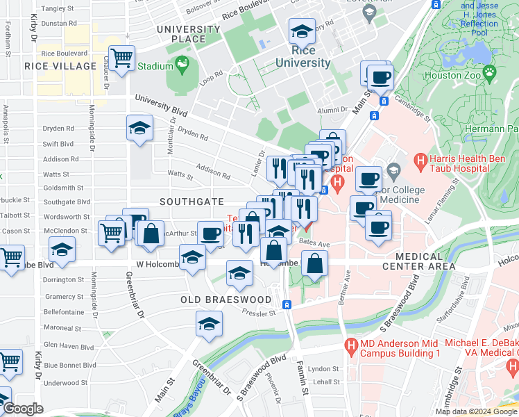 map of restaurants, bars, coffee shops, grocery stores, and more near 2003 Southgate Boulevard in Houston