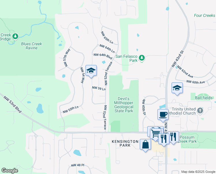 map of restaurants, bars, coffee shops, grocery stores, and more near 5126 Northwest 59 Lane in Gainesville