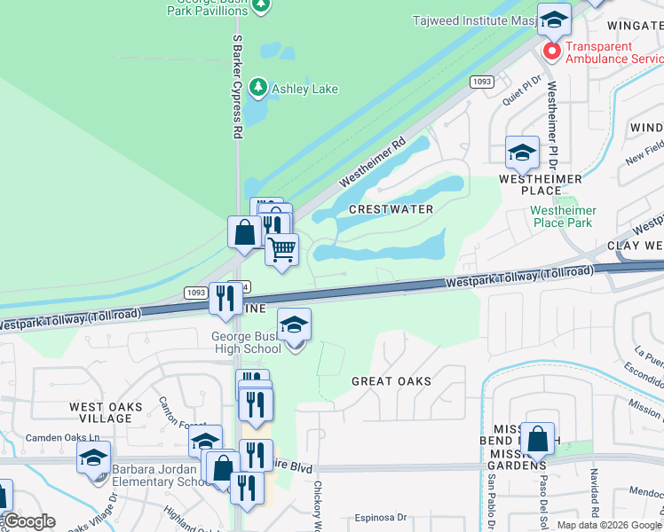 map of restaurants, bars, coffee shops, grocery stores, and more near 18 Crest Gate in Houston