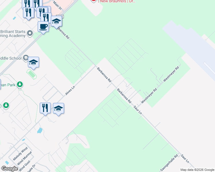 map of restaurants, bars, coffee shops, grocery stores, and more near 1094 Barbarosa Road in New Braunfels