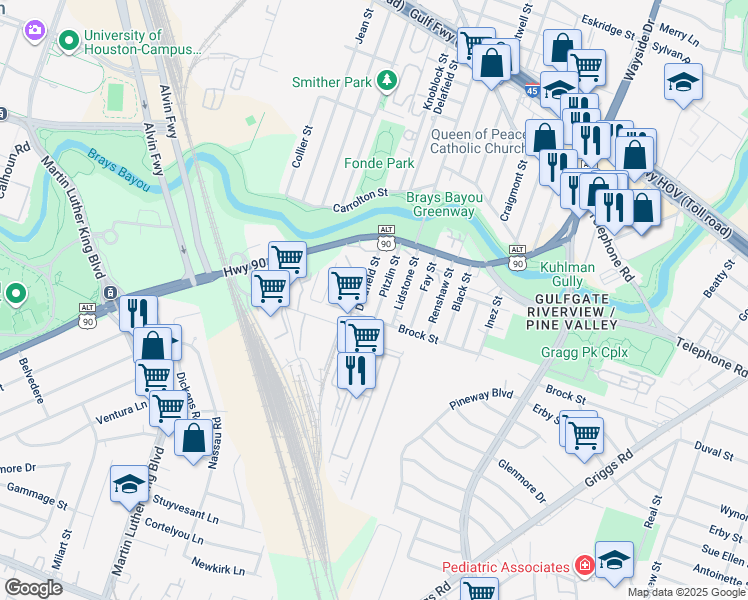 map of restaurants, bars, coffee shops, grocery stores, and more near 2936 Pitzlin Street in Houston