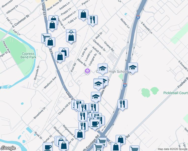 map of restaurants, bars, coffee shops, grocery stores, and more near 201 Rhine Road in New Braunfels