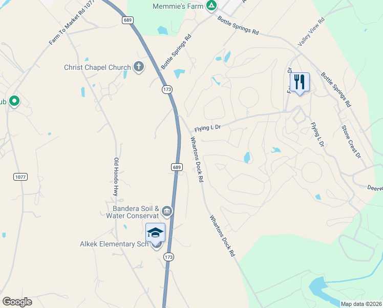 map of restaurants, bars, coffee shops, grocery stores, and more near 316 Whartons Dock Road in Bandera