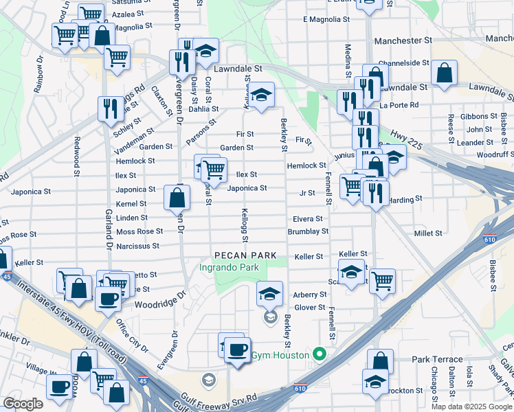 map of restaurants, bars, coffee shops, grocery stores, and more near 7503 Linden Street in Houston