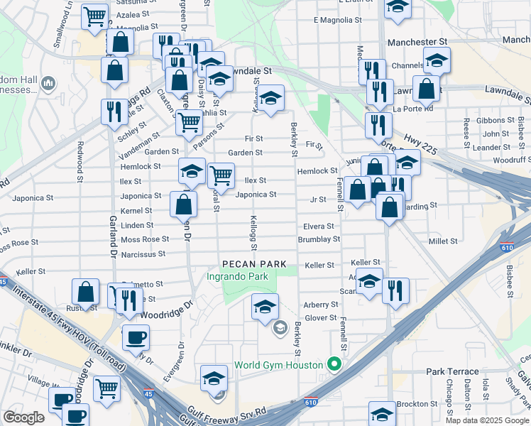 map of restaurants, bars, coffee shops, grocery stores, and more near 7503 Linden Street in Houston