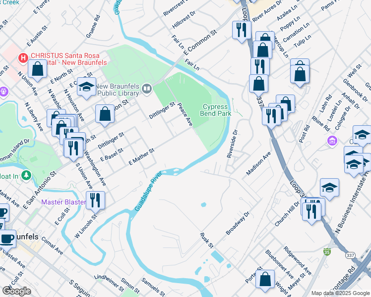 map of restaurants, bars, coffee shops, grocery stores, and more near 600 Peace Avenue in New Braunfels