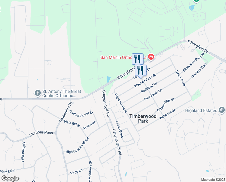 map of restaurants, bars, coffee shops, grocery stores, and more near 28067 Papoose Pass in San Antonio