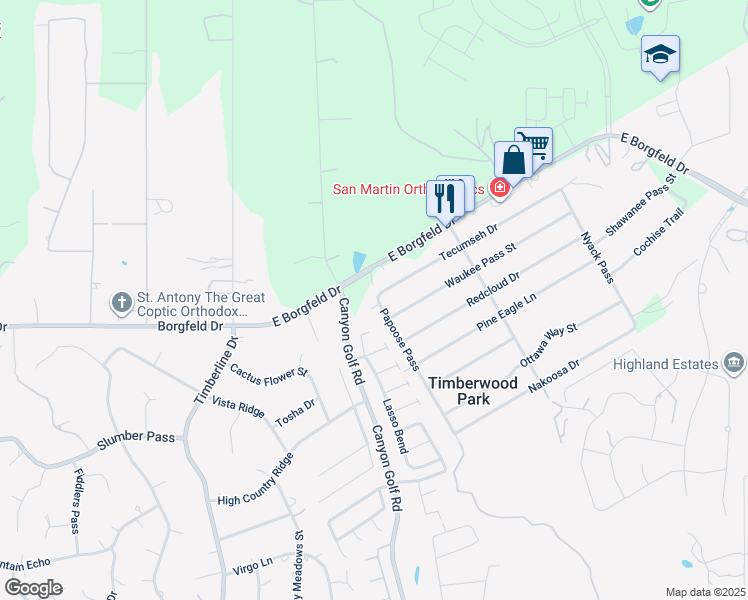 map of restaurants, bars, coffee shops, grocery stores, and more near 28067 Papoose Pass in San Antonio