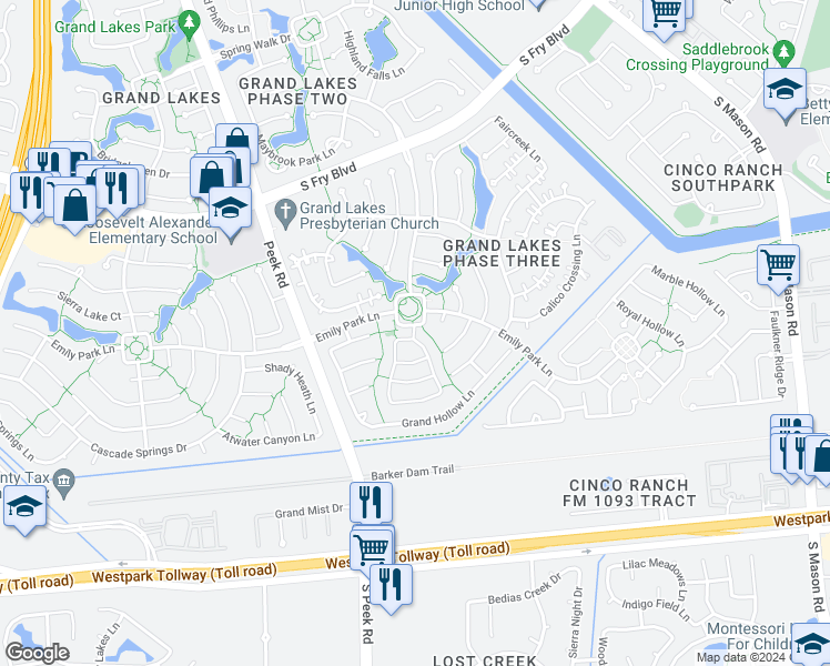 map of restaurants, bars, coffee shops, grocery stores, and more near Ivy Arbor Lane in Katy