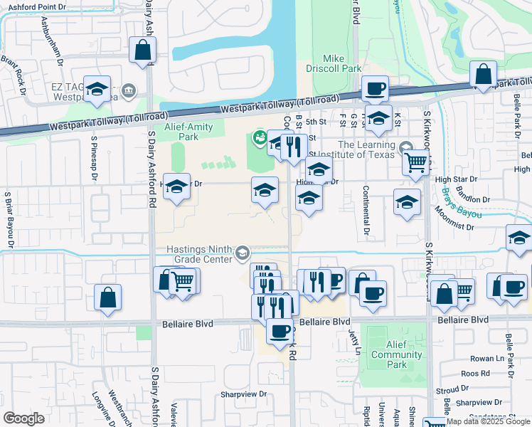 map of restaurants, bars, coffee shops, grocery stores, and more near 4410 Cook Road in Houston