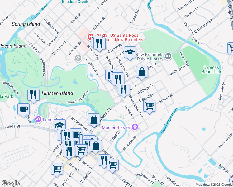 map of restaurants, bars, coffee shops, grocery stores, and more near 188 South Union Avenue in New Braunfels
