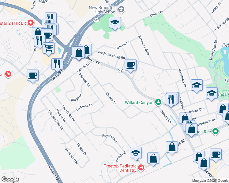 map of restaurants, bars, coffee shops, grocery stores, and more near 795 Laurel Lane in New Braunfels