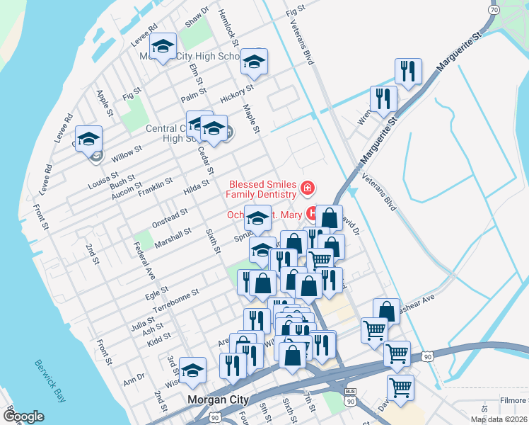 map of restaurants, bars, coffee shops, grocery stores, and more near 1494 Elm Street in Morgan City