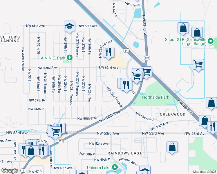map of restaurants, bars, coffee shops, grocery stores, and more near 5929 Northwest 23rd Terrace in Gainesville