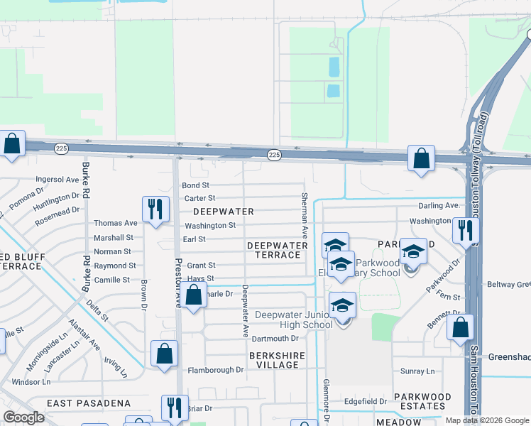 map of restaurants, bars, coffee shops, grocery stores, and more near 3215 Washington Street in Pasadena