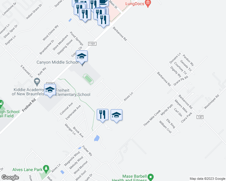 map of restaurants, bars, coffee shops, grocery stores, and more near 1123 Creekside Orchard in New Braunfels