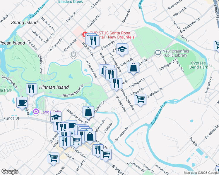 map of restaurants, bars, coffee shops, grocery stores, and more near 164 South Union Avenue in New Braunfels