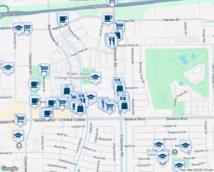 map of restaurants, bars, coffee shops, grocery stores, and more near 6500 South Gessner Road in Houston