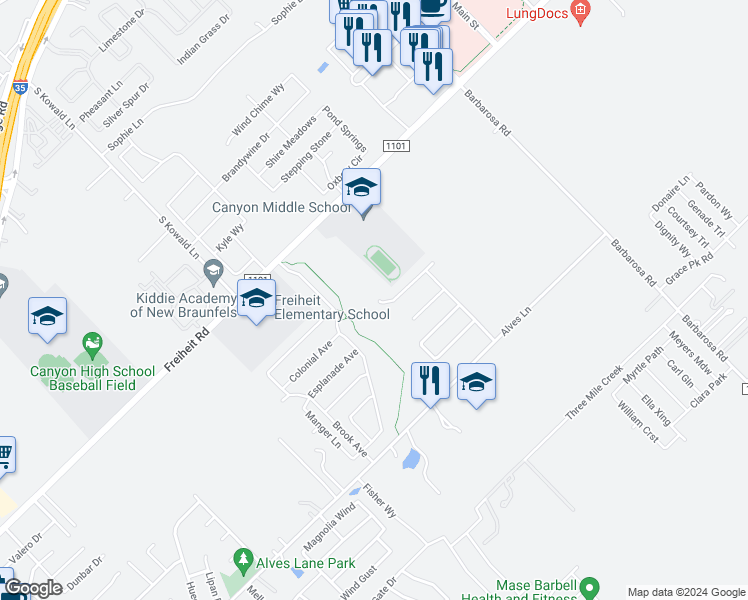 map of restaurants, bars, coffee shops, grocery stores, and more near 426 Creekside Curve in New Braunfels
