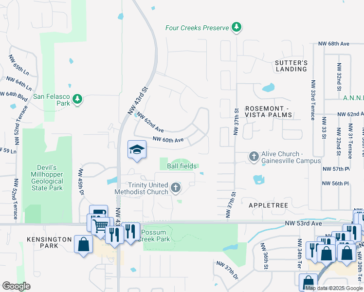 map of restaurants, bars, coffee shops, grocery stores, and more near 3950 Northwest 59th Avenue in Gainesville