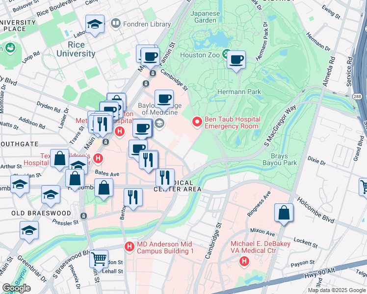 map of restaurants, bars, coffee shops, grocery stores, and more near 1333 Moursund Street in Houston