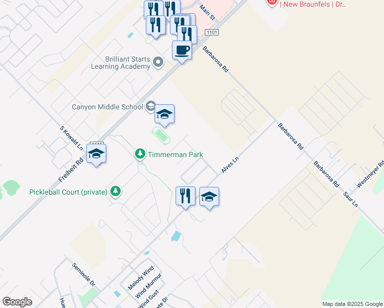 map of restaurants, bars, coffee shops, grocery stores, and more near 506 Creekside Forest in New Braunfels