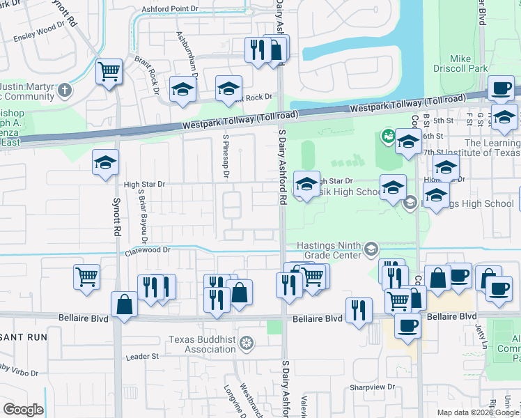 map of restaurants, bars, coffee shops, grocery stores, and more near 12723 High Cotton Lane in Houston