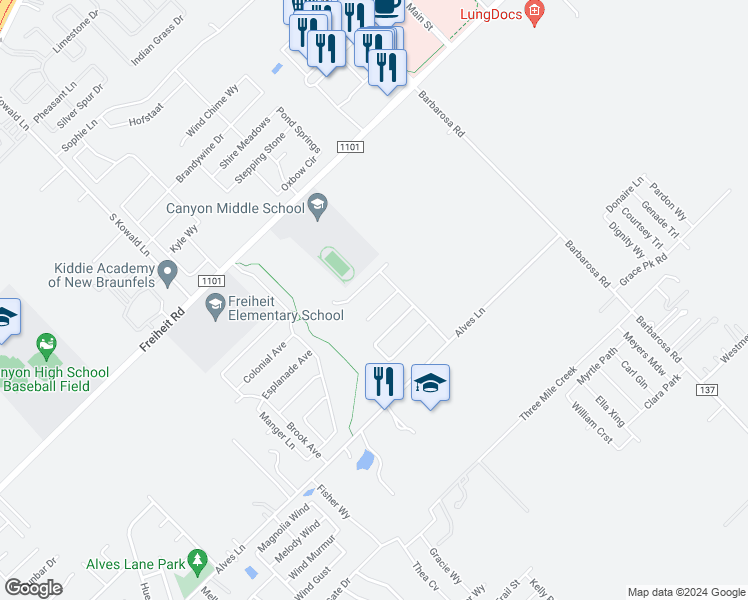map of restaurants, bars, coffee shops, grocery stores, and more near 716 Alves Lane in New Braunfels