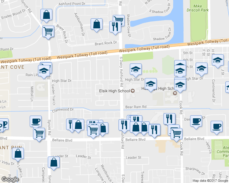 map of restaurants, bars, coffee shops, grocery stores, and more near 12723 High Cotton Ln in Houston