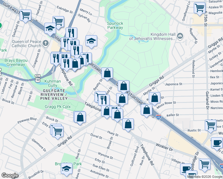 map of restaurants, bars, coffee shops, grocery stores, and more near 6414 Stratton Street in Houston