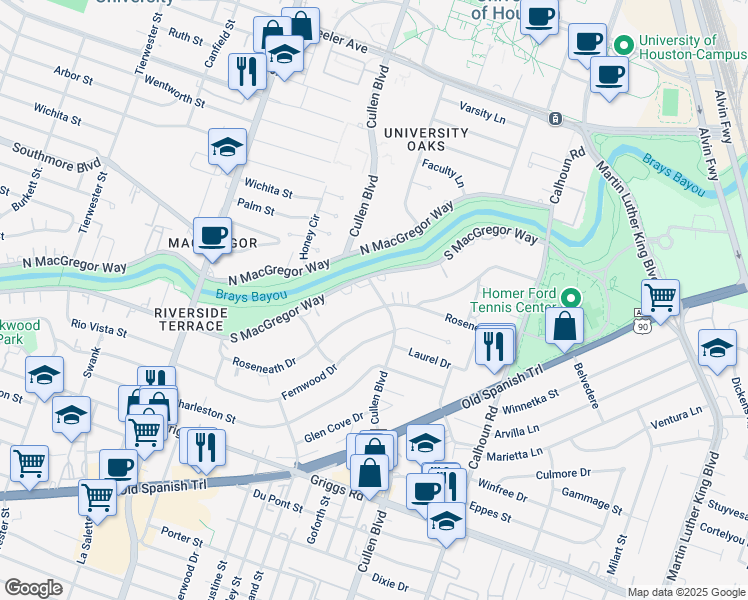map of restaurants, bars, coffee shops, grocery stores, and more near 4216 Roseneath Drive in Houston