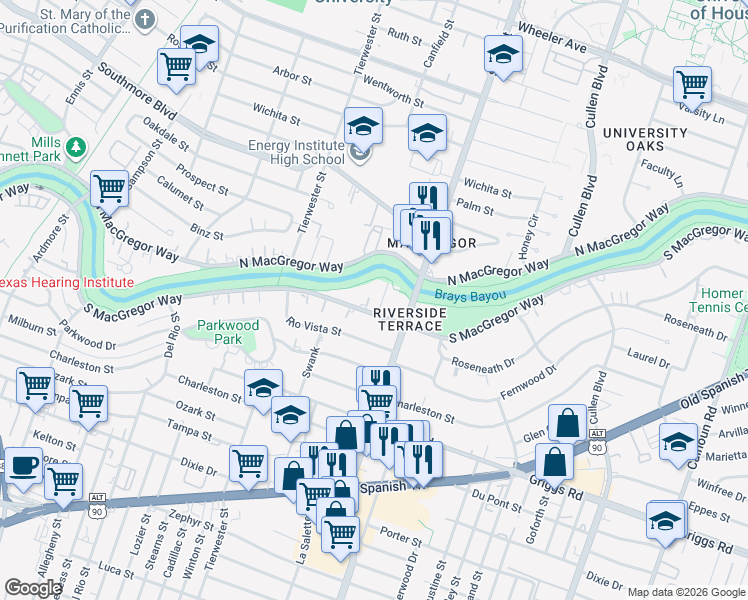 map of restaurants, bars, coffee shops, grocery stores, and more near 3727 South Macgregor Way in Houston