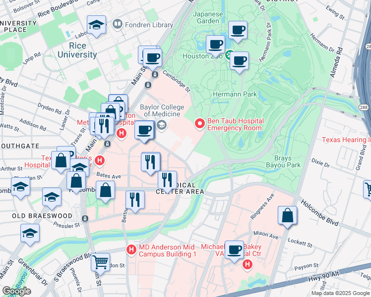 map of restaurants, bars, coffee shops, grocery stores, and more near 1333 Moursund Street in Houston