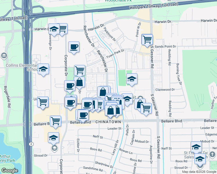 map of restaurants, bars, coffee shops, grocery stores, and more near 104 Ranchester Drive in Houston