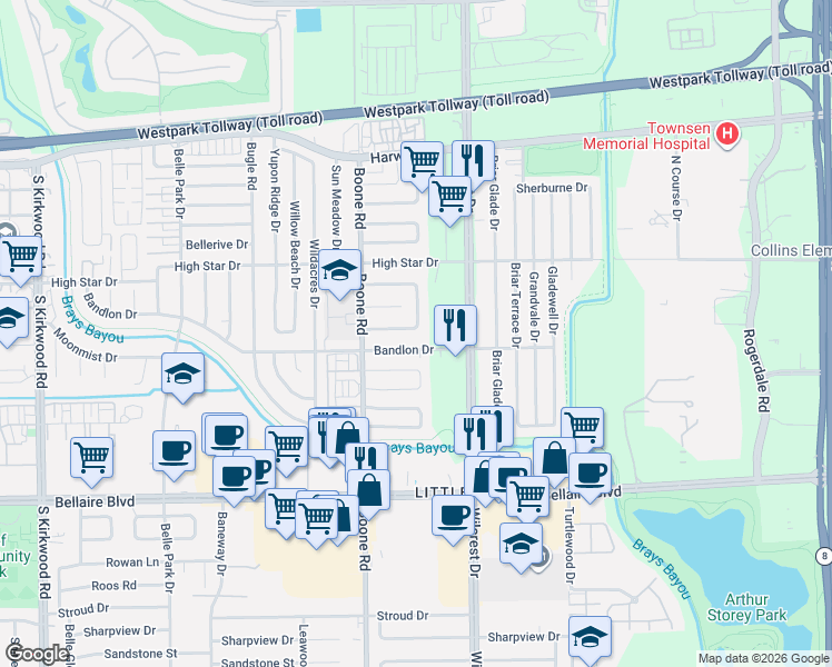 map of restaurants, bars, coffee shops, grocery stores, and more near 11026 Bandlon Drive in Houston