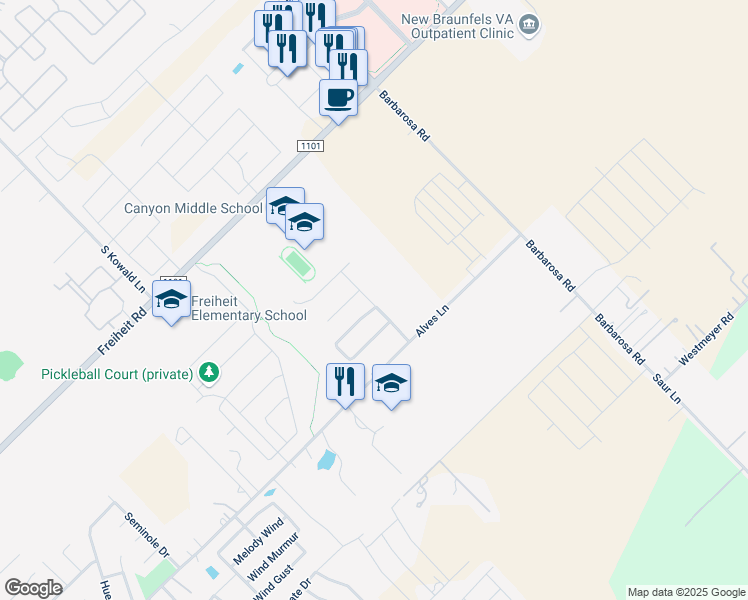 map of restaurants, bars, coffee shops, grocery stores, and more near 1155 Creekside Orchard in New Braunfels