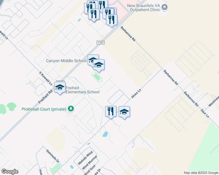 map of restaurants, bars, coffee shops, grocery stores, and more near 529 Creekside Forest in New Braunfels