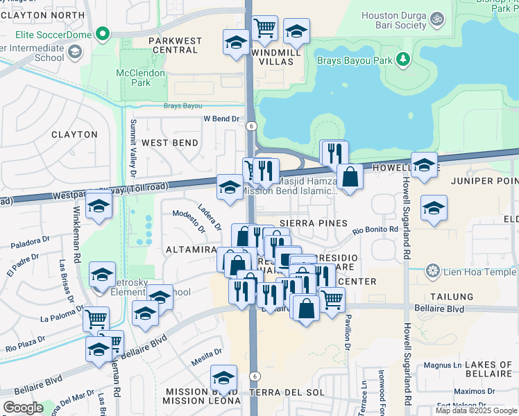 map of restaurants, bars, coffee shops, grocery stores, and more near 6399 South Texas 6 in Houston