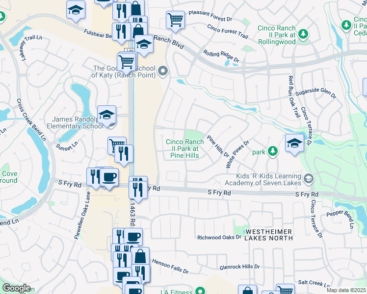 map of restaurants, bars, coffee shops, grocery stores, and more near Radcliff Lake Drive in Katy
