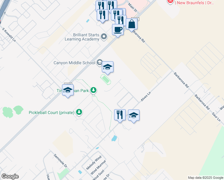map of restaurants, bars, coffee shops, grocery stores, and more near 402 Creekside Curve in New Braunfels