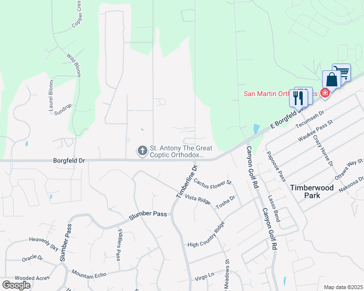 map of restaurants, bars, coffee shops, grocery stores, and more near 27641 Timberline Drive in San Antonio