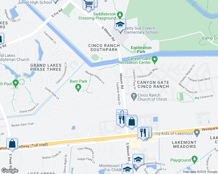 map of restaurants, bars, coffee shops, grocery stores, and more near 20806 Whitevine Way in Katy
