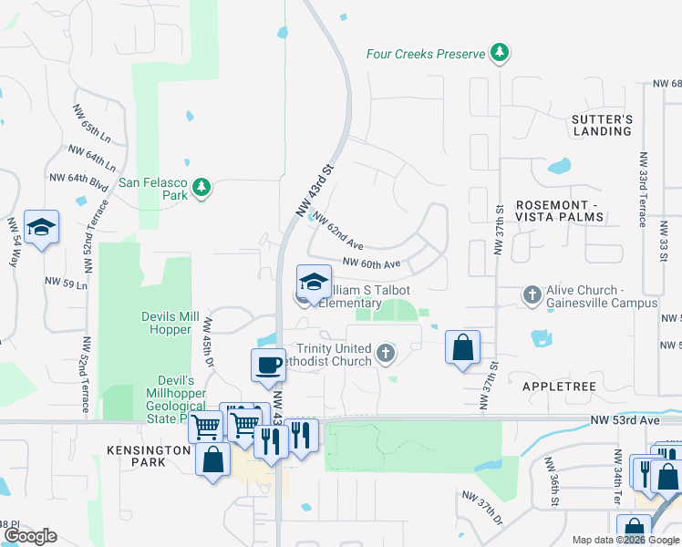 map of restaurants, bars, coffee shops, grocery stores, and more near 4120 Northwest 59th Avenue in Gainesville