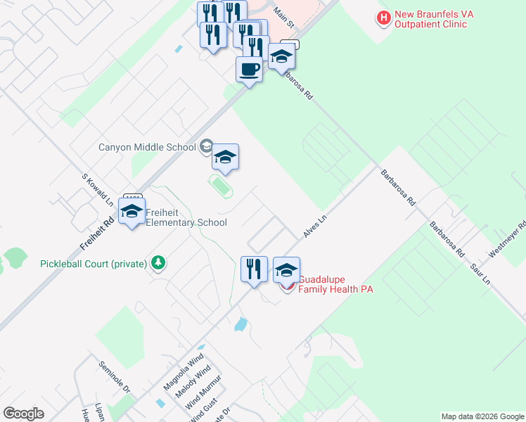 map of restaurants, bars, coffee shops, grocery stores, and more near 534 Creekside Forest in New Braunfels