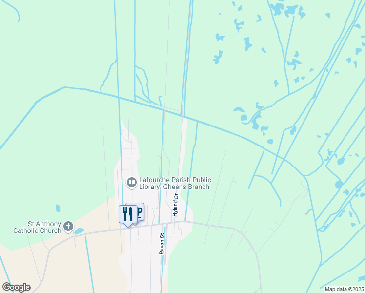 map of restaurants, bars, coffee shops, grocery stores, and more near 208 Hyland Drive in Gheens