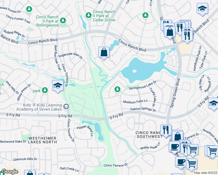 map of restaurants, bars, coffee shops, grocery stores, and more near 10119 Winding Glen Drive in Katy