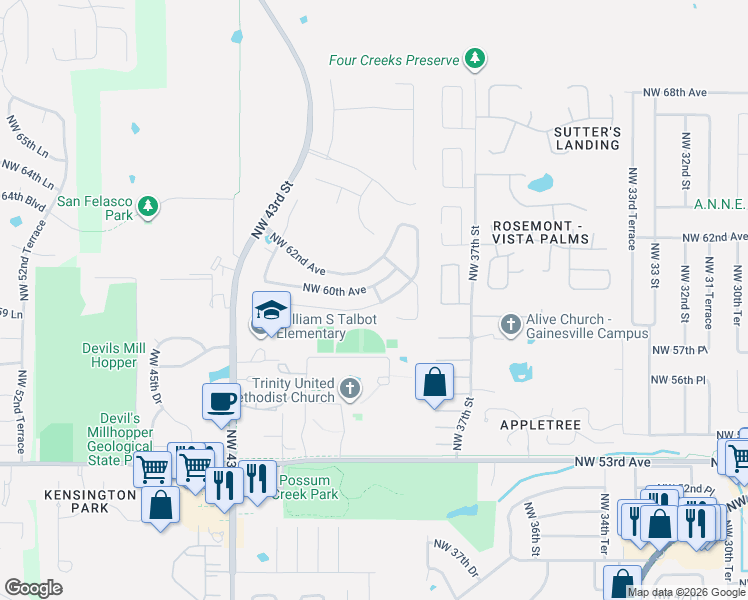 map of restaurants, bars, coffee shops, grocery stores, and more near 3947 Northwest 59th Avenue in Gainesville